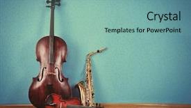  Presentation with turquoise music - Slide deck enhanced with musical instruments on turquoise wallpaper background and a seafoam green colored foreground