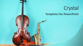  Presentation with turquoise music - Cool new presentation theme with musical instruments on turquoise wallpaper backdrop and a arctic colored foreground