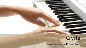  Presentation with festival music band hands playing - Presentation design with musical keyboard players - hands of woman playing synthesizer background and a coral colored foreground