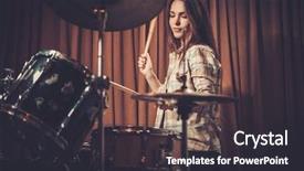  Presentation with drums - Slide deck with music drumming - young cheerful girl behind drums background and a dark gray colored foreground