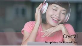  Presentation with reflection - Presentation design with musical reflection - cheerful woman listen to music background and a  colored foreground