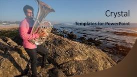  Presentation with musical instrument - PPT theme enhanced with musician play to tuba musical background and a teal colored foreground