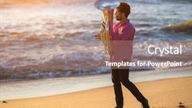  Presentation with musical instrument - Amazing slides having musician playing musical instrument tuba backdrop and a coral colored foreground