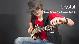  Presentation with guitar - Cool new slides with musician wearing an old leather hat tuning his guitar backdrop and a dark gray colored foreground