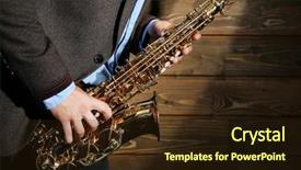  Presentation with close up wooden decking - Presentation design featuring musician with sax on wooden background and a wine colored foreground