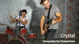  Presentation with studio - Colorful slide set enhanced with musicians-playing-musical-instruments backdrop and a tawny brown colored foreground