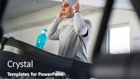  Presentation with treadmill - Presentation design with muslim-adult-woman-with-headphones background and a tawny brown colored foreground