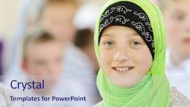  Presentation with group of girls - Amazing PPT theme having muslim and arabic girls learning backdrop and a sky blue colored foreground