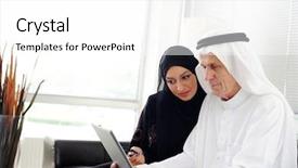  Presentation with arabic - Audience pleasing PPT theme consisting of muslim arabic couple using tablet backdrop and a white colored foreground