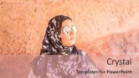 Presentation with arabic - Beautiful PPT theme featuring muslim arabic girl during touristic travel backdrop and a coral colored foreground