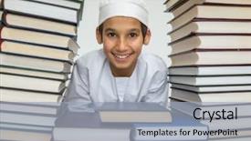  Presentation with arabic - Slides with muslim arabic kid in library background and a light blue colored foreground