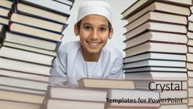  Presentation with researching from books or library - Amazing theme having muslim arabic kid in library backdrop and a coral colored foreground