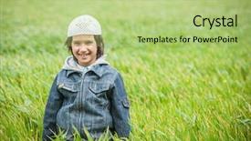  Presentation with beautiful green - Colorful presentation design enhanced with muslim arabic kid standing in green beautiful meadow backdrop and a mint green colored foreground