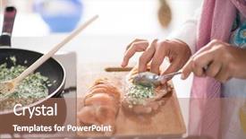  Presentation with arabic food - PPT layouts having muslim arabic traditional woman in kitchen preparing food for lunch background and a coral colored foreground