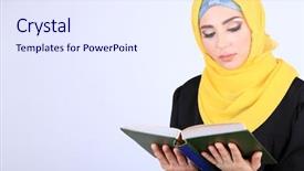  Presentation with arabic woman - Beautiful presentation design featuring muslim arabic woman reading book backdrop and a sky blue colored foreground