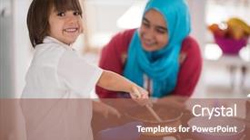  Presentation with arabic food - Slide deck with muslim arabic young mother and little cute son making food and having fun in kitchen at home background and a coral colored foreground