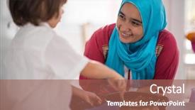  Presentation with arabic food - PPT theme with muslim arabic young mother and little cute son making food and having fun in kitchen at home background and a violet colored foreground