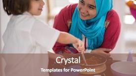  Presentation with arabic food - Amazing PPT theme having muslim arabic young mother and little cute son making food and having fun in kitchen at home backdrop and a tawny brown colored foreground