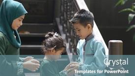  Presentation with hari raya - Beautiful slide set featuring muslim-children-greeting-hari-raya backdrop and a seafoam green colored foreground