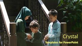  Presentation with raya - Colorful presentation enhanced with muslim-children-greeting-hari-raya backdrop and a tawny brown colored foreground