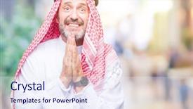  Presentation with praying hands - Colorful slide set enhanced with muslim christian - senior arab man wearing keffiyeh backdrop and a sky blue colored foreground