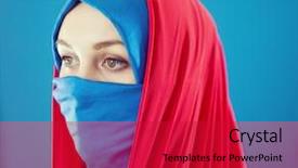  Presentation with middle eastern traditional dishes falafel - Presentation with muslim clothing - beautiful middle eastern girl background and a  colored foreground