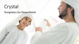  Presentation with arabic patterns - Colorful PPT layouts enhanced with muslim clothing - happy arabic father making headscarf backdrop and a  colored foreground