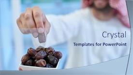  Presentation with iftar - Audience pleasing PPT theme consisting of muslim-couple-sharing-dates backdrop and a sky blue colored foreground