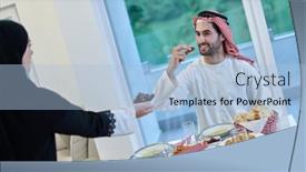 Presentation with iftar - PPT theme having muslim-couple-sharing-dates background and a light blue colored foreground