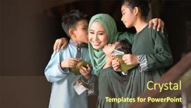  Presentation with raya - Audience pleasing slide set consisting of muslim-family-children-received-money backdrop and a tawny brown colored foreground