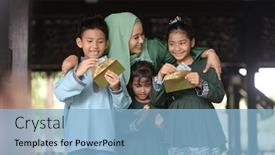  Presentation with blessing - Slide deck with muslim-family-children-received-money background and a light blue colored foreground