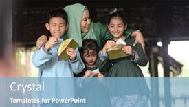  Presentation with raya - PPT layouts having muslim-family-children-received-money background and a light blue colored foreground