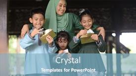  Presentation with raya - PPT theme featuring muslim-family-children-received-money background and a light blue colored foreground