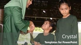  Presentation with hari raya - Audience pleasing PPT theme consisting of muslim-family-greeting-hari-raya backdrop and a dark gray colored foreground