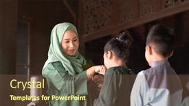  Presentation with raya - Amazing slide set having muslim-family-greeting-hari-raya backdrop and a tawny brown colored foreground