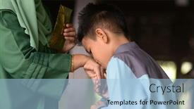  Presentation with hari raya - Audience pleasing PPT theme consisting of muslim-family-greeting-hari-raya backdrop and a light blue colored foreground