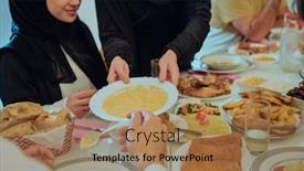  Presentation with halal - Presentation theme having muslim-family-having-iftar-dinner background and a coral colored foreground