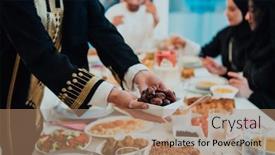  Presentation with halal - Slides with muslim-family-having-iftar-dinner background and a coral colored foreground