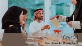  Presentation with feasting - Presentation theme featuring muslim-family-having-iftar-dinner background and a coral colored foreground