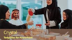  Presentation with feasting - Presentation design enhanced with muslim-family-having-iftar-dinner background and a coral colored foreground