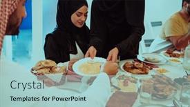  Presentation with feasting - Presentation theme with muslim-family-having-iftar-dinner background and a light blue colored foreground