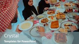  Presentation with halal - Theme with muslim-family-having-iftar-dinner background and a light blue colored foreground