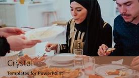  Presentation with halal - Theme having muslim-family-having-iftar-dinner background and a coral colored foreground