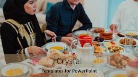  Presentation with feasting - Presentation theme having muslim-family-having-iftar-dinner background and a coral colored foreground