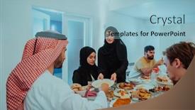 Presentation with halal - Slide set with muslim-family-having-iftar-dinner background and a light blue colored foreground