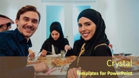 Presentation with halal - Presentation theme with muslim-family-having-iftar-dinner background and a tawny brown colored foreground