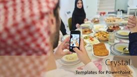  Presentation with muslim family - Audience pleasing presentation theme consisting of muslim-family-having-iftar-together backdrop and a coral colored foreground