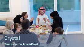  Presentation with muslim family - PPT theme with muslim-family-making-iftar-dua background and a ocean colored foreground
