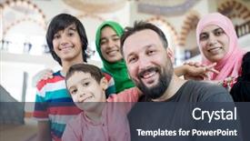  Presentation with muslim family - Cool new PPT theme with muslim family portrait in masjid backdrop and a tawny brown colored foreground