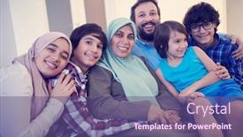  Presentation with muslim kids - PPT theme featuring muslim-family-portrait-with-arab background and a violet colored foreground